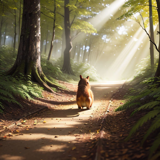 a dog sitting on a path in the woods with a light coming through the trees behind it and a dog sitting on the path