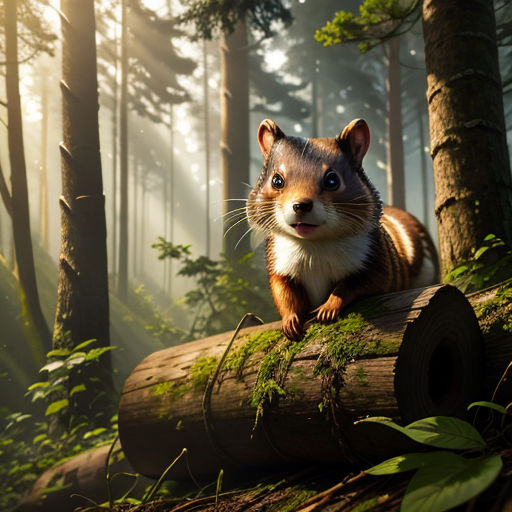 a small animal is sitting on a log in the woods with a sunbeam in the background and a forest floor