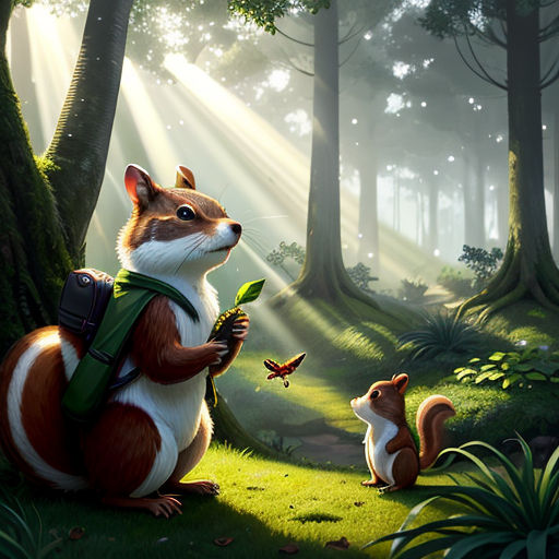 a painting of a squirrel and a squirrelling in a forest with a bird flying by it's side
