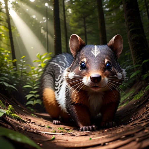 a small animal is walking through the woods with bright light coming through the trees behind it and a trail leading to the camera