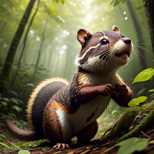 a small animal standing on its hind legs in the woods with a leaf in its hand and a light shining on it