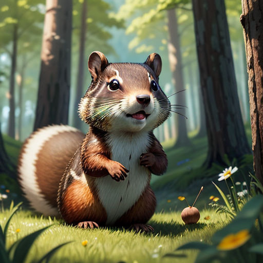 a cartoon squirrel is standing in the woods with a nut in his hand and smiling at the camera,