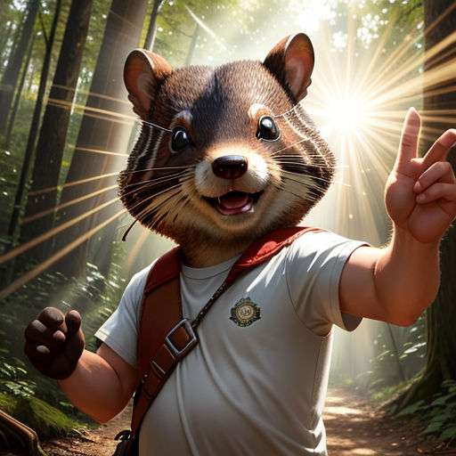 a man in a white shirt and a brown and white animal mask on a forest path with sunlight shining through the trees