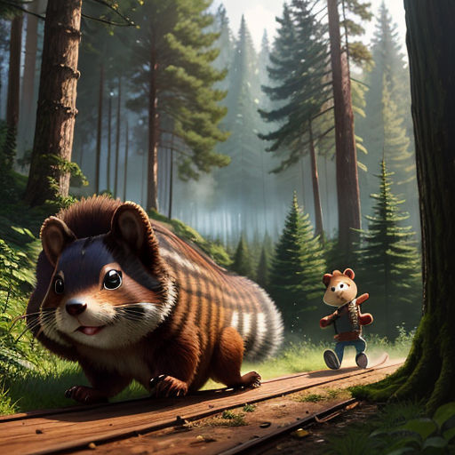 a cartoon animal is walking in the woods with a bear and a squirrel in front of it, and a forest background