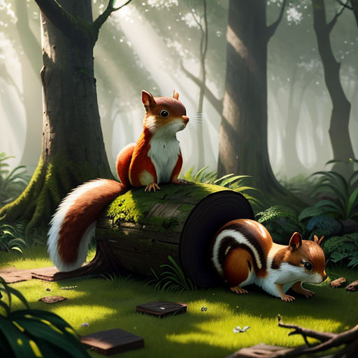 a squirrel and a squirrel sitting on a log in the woods with sunlight streaming through the trees and grass