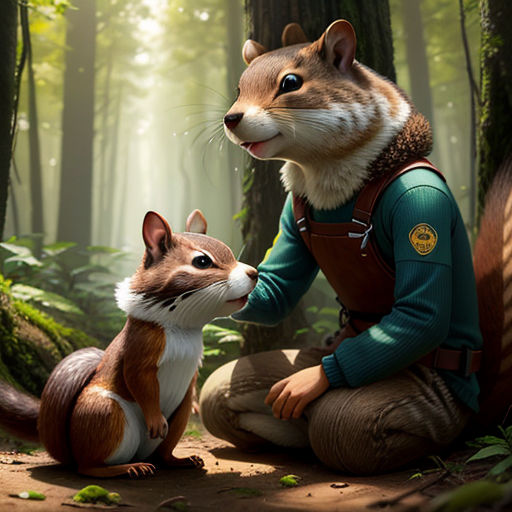 a man kneeling down next to a small fox in the woods with a forest background and a forest scene