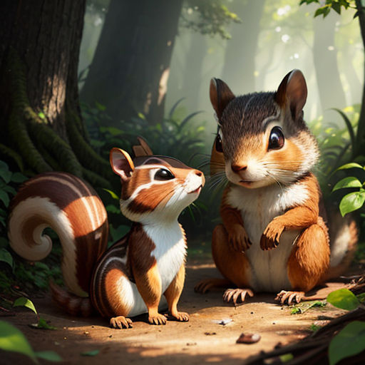 a squirrel and a squirrelling in a forest with sunlight coming through the trees and leaves on the ground