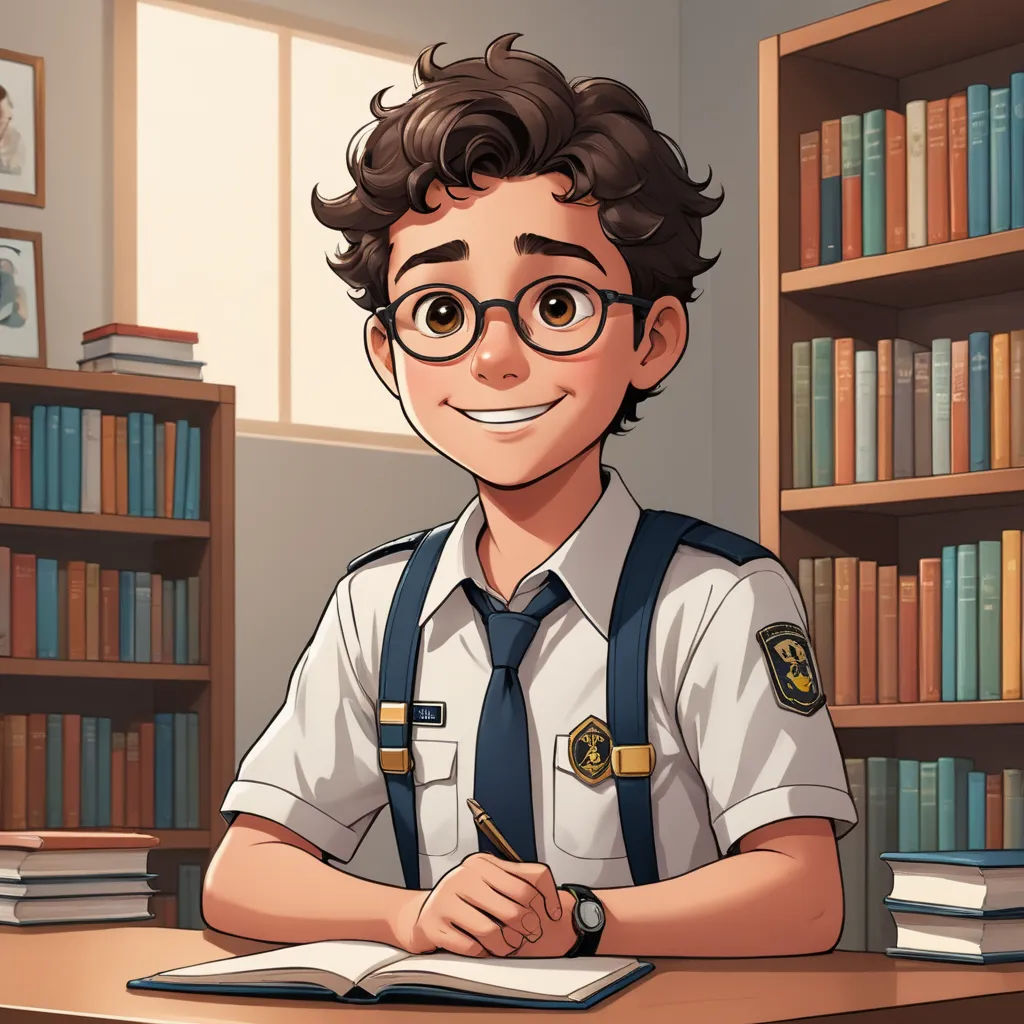 a cartoon boy in a library with a book and pen in his hand and a book on the desk, sots art, a character portrait, Cedric Seaut (Keos Masons), character portrait