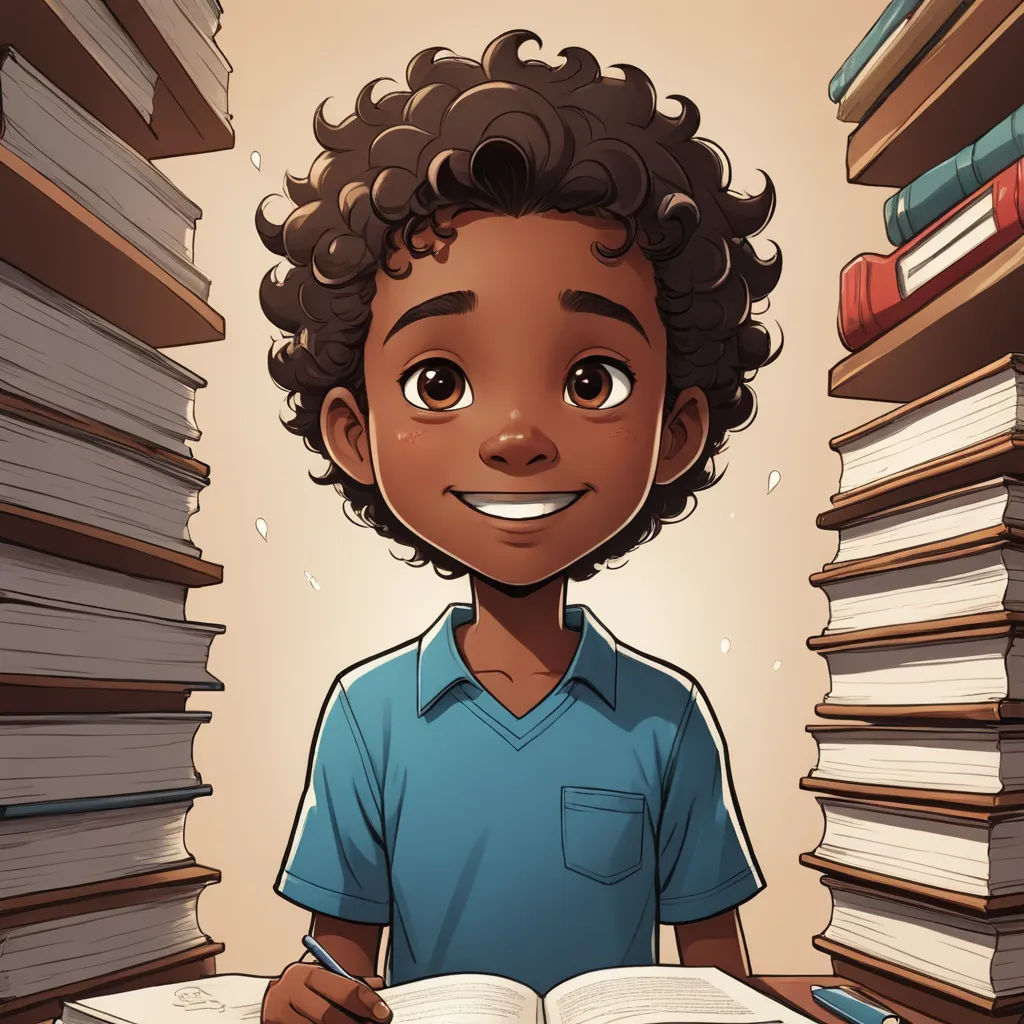 a cartoon boy is smiling while holding a book in front of a library full of books and bookshelves, academic art, a character portrait, Chris LaBrooy, character portrait