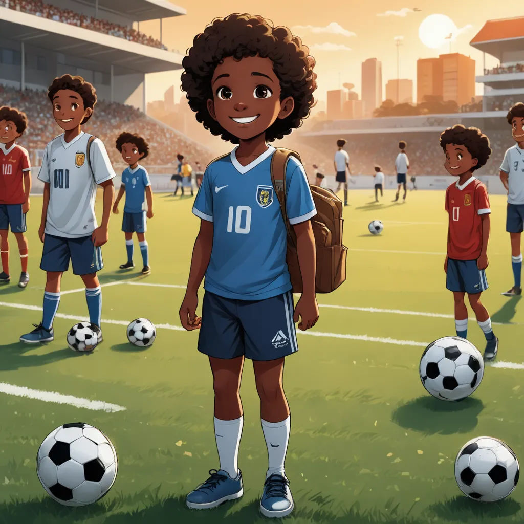 a cartoon of a boy standing in front of soccer balls on a field with other boys in the background, american scene painting, a storybook illustration, Chris LaBrooy, official art