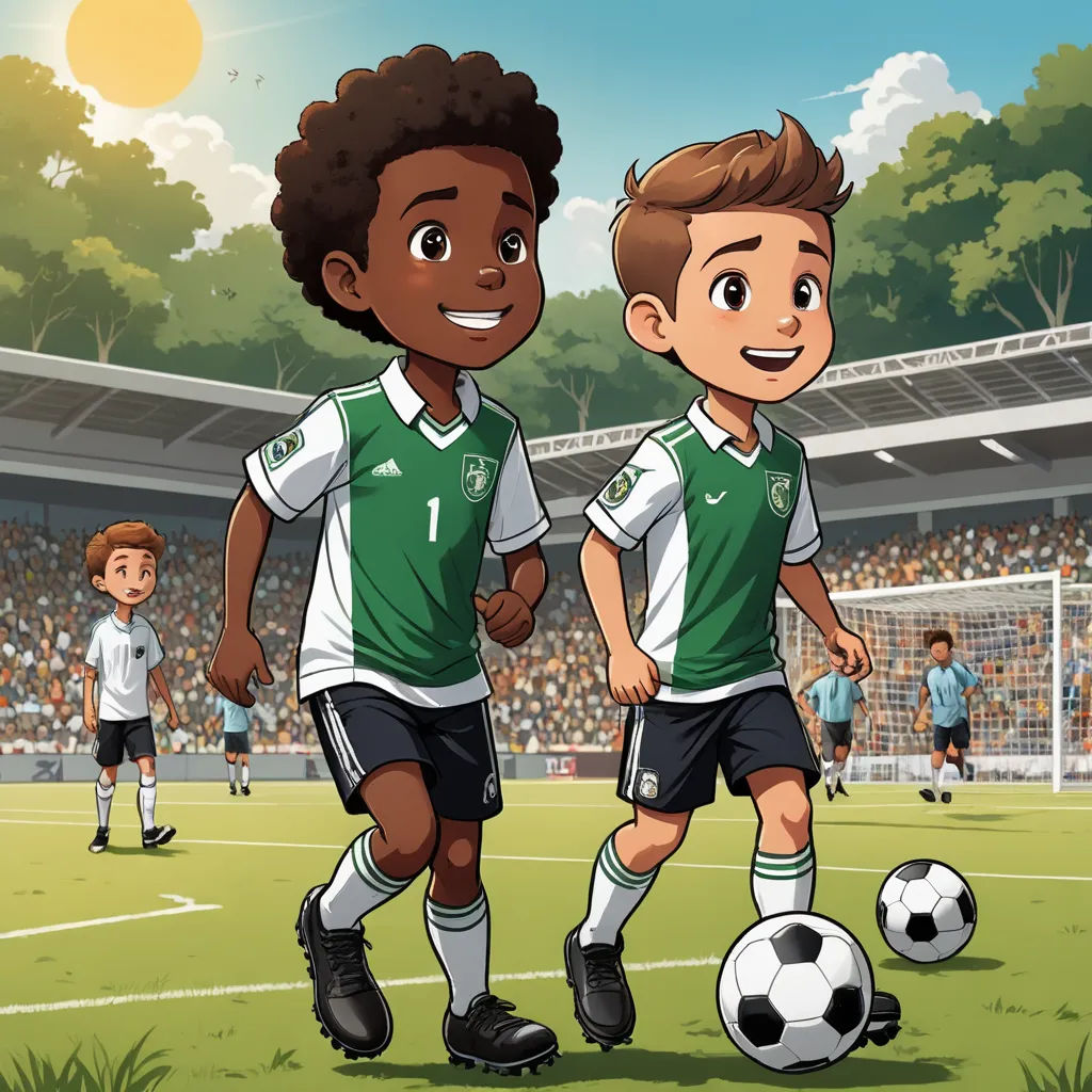two young boys are playing soccer in a stadium with a crowd of people watching them from the stands and a soccer ball in the foreground, quito school, a storybook illustration, Diego Gisbert Llorens, official art