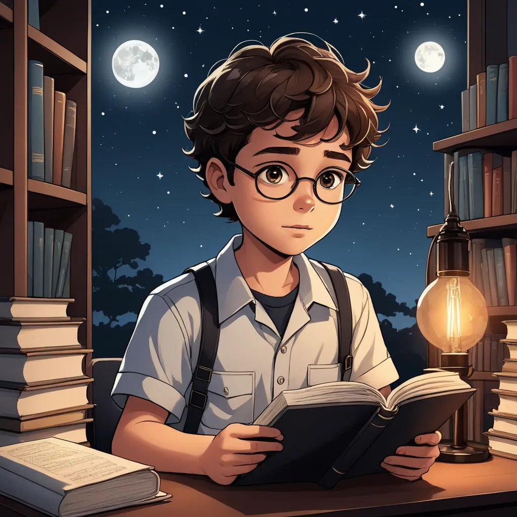 a boy reading a book in a library at night with a full moon in the background and a lamp on the desk, magic realism, a character portrait, Cedric Seaut (Keos Masons), character portrait