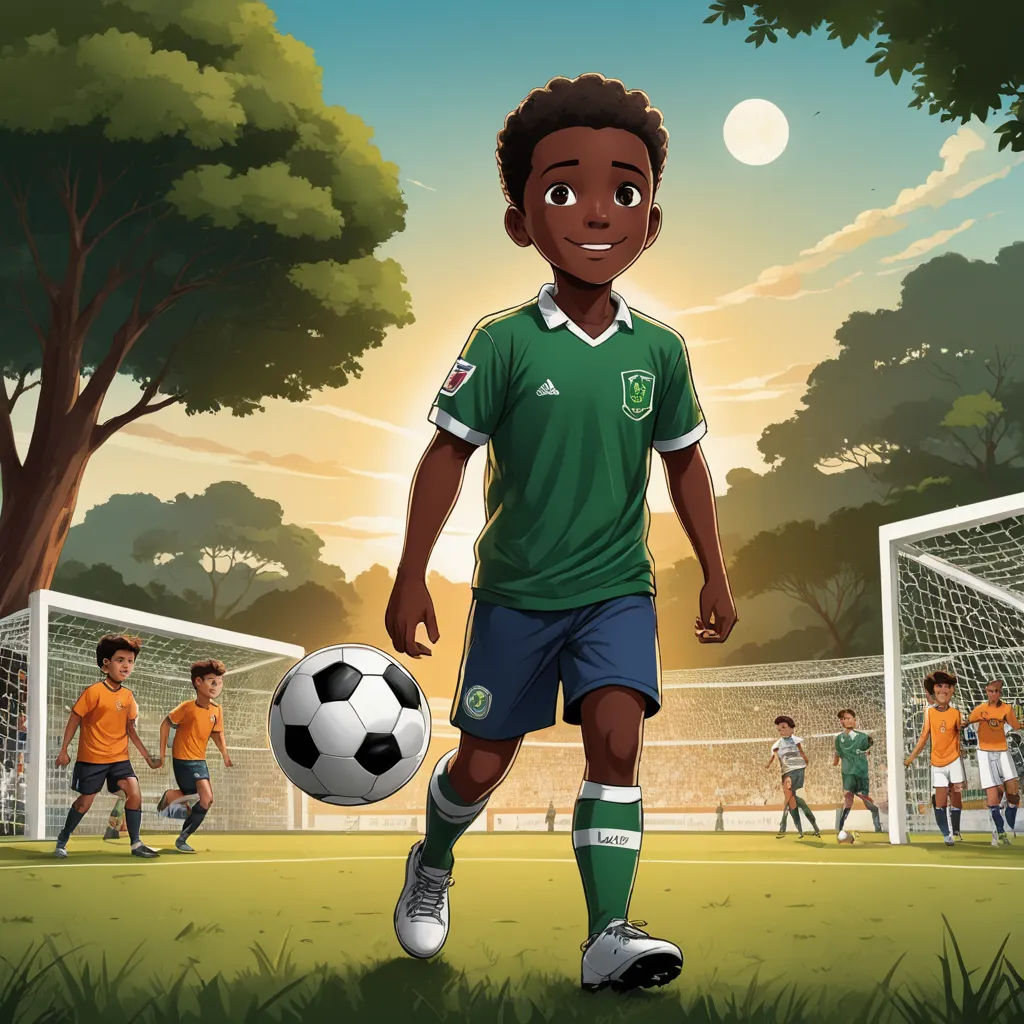 a cartoon boy in a soccer uniform is playing soccer with a ball in front of a group of children, magical realism, a storybook illustration, Chris LaBrooy, storybook illustration