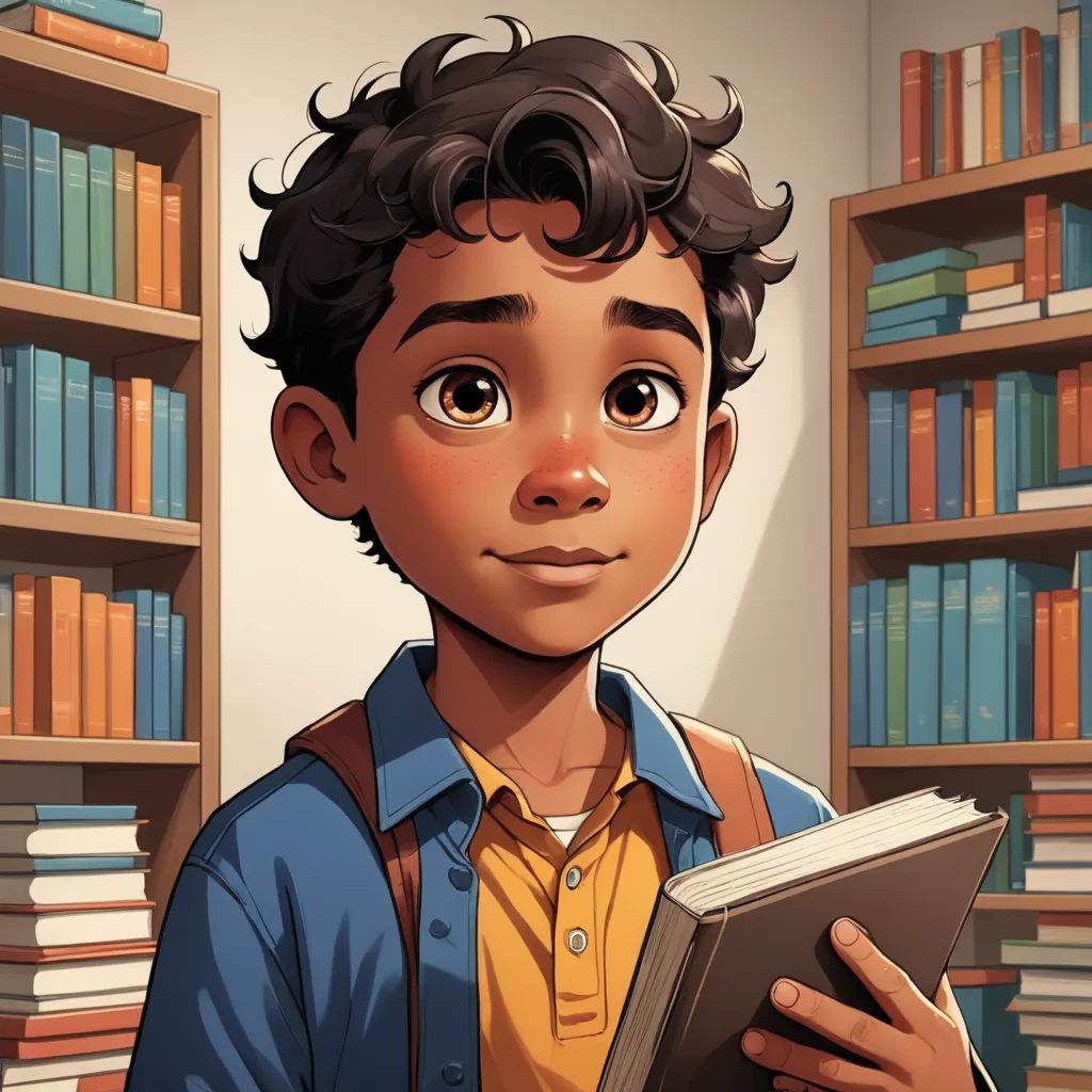 a boy is holding a book in front of a bookshelf with books on it and a book in his hand, sots art, a character portrait, Chris LaBrooy, character portrait