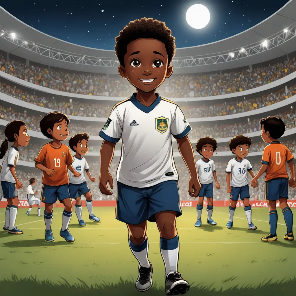 a cartoon of a boy in a soccer uniform with other children in the background watching him on the field, magical realism, a storybook illustration, Chris LaBrooy, book cover