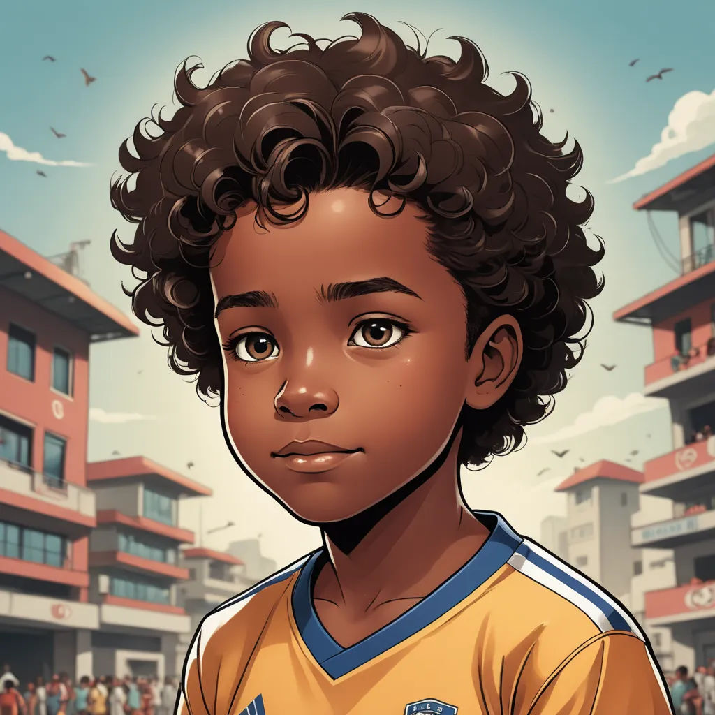a cartoon of a young boy with curly hair and a yellow shirt on a city street with people in the background, realism, a character portrait, Chris LaBrooy, comic cover art