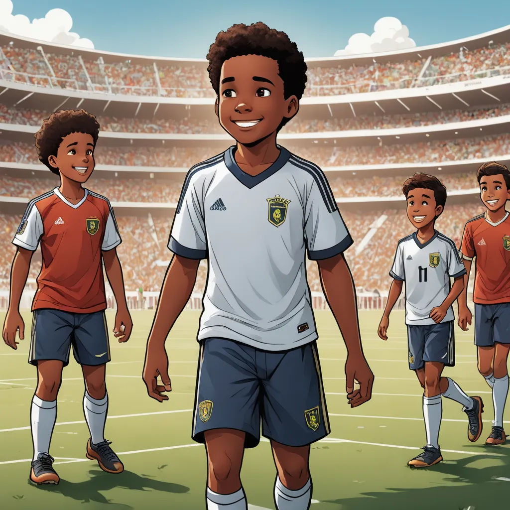 a cartoon of a soccer player and his teammates in a stadium with a crowd of people watching him from the sidelines, les nabis, concept art, Chris LaBrooy, official art