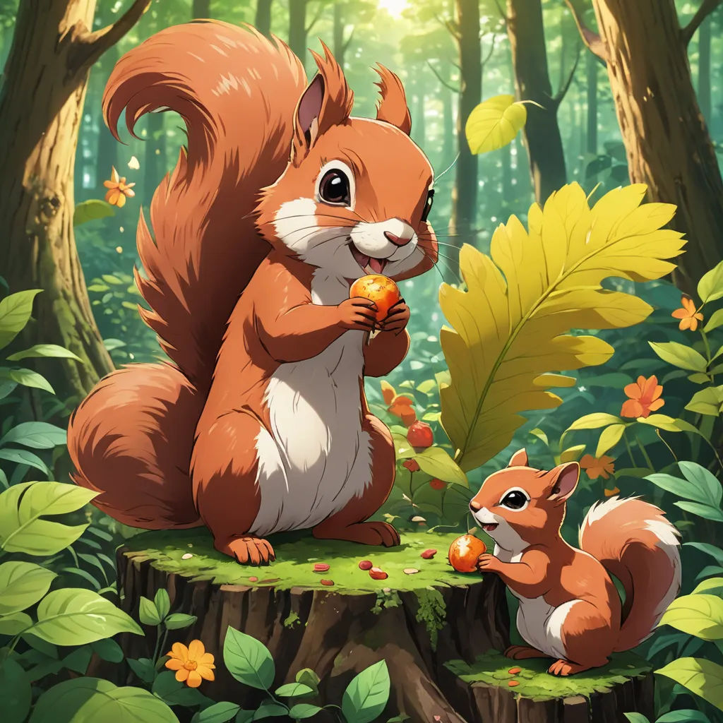 a squirrel eating a piece of fruit in the forest with another squirrel nearby on a stump in the foreground, furry art, poster art, Chris LaBrooy, official art