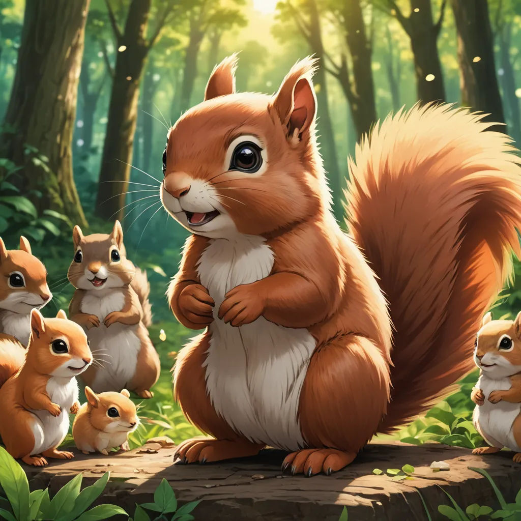 a group of squirrels standing in the forest together with a baby squirrel in the foreground and a larger squirrel in the background, altermodern, an ultrafine detailed painting, Chris LaBrooy, official art