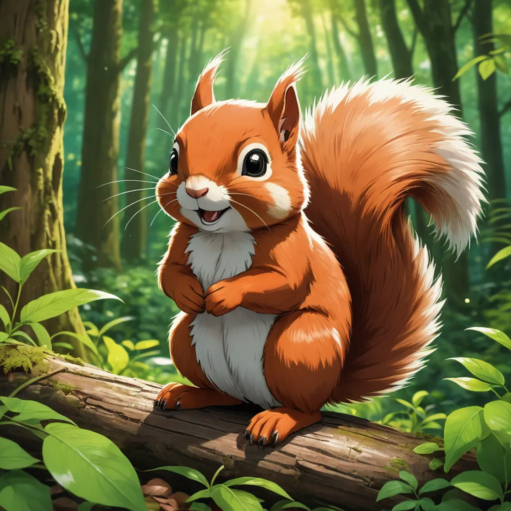 a squirrel sitting on a log in the forest with a green background and a forest scene with trees and leaves, sots art, a character portrait, Chris LaBrooy, official art