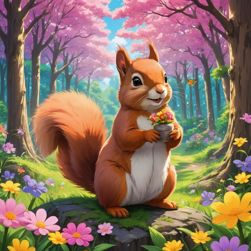 a squirrel is sitting in the middle of a forest with flowers and a butterfly in its mouth and a cup in his hand, altermodern, a character portrait, Chris LaBrooy, official art