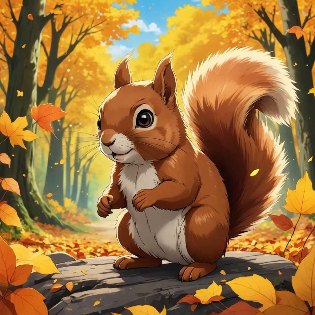 a squirrel is sitting on a rock in the woods with leaves around it and a path of trees and yellow leaves, sots art, a character portrait, Chris LaBrooy, official art