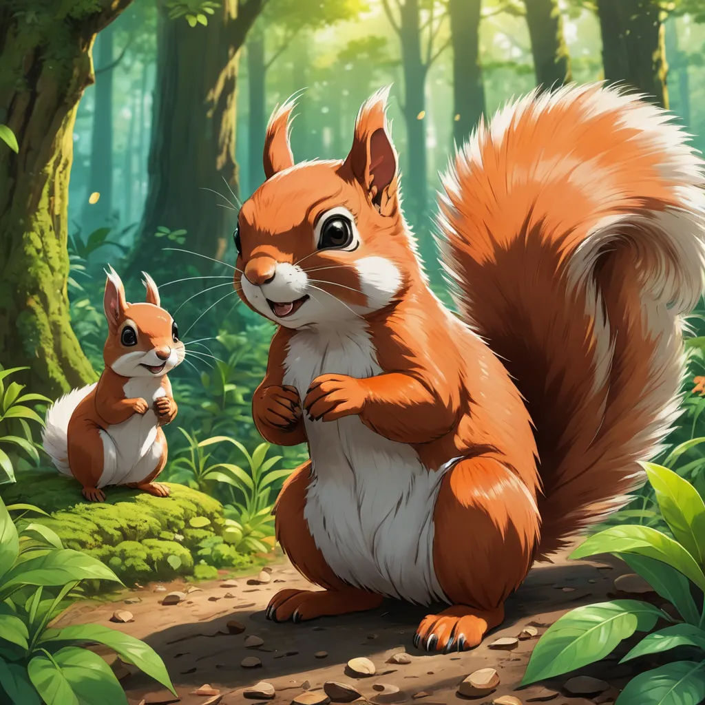 a squirrel and a squirrelling in a forest with a sunbeam in the background and a forest scene, furry art, a digital painting, Chris LaBrooy, official art