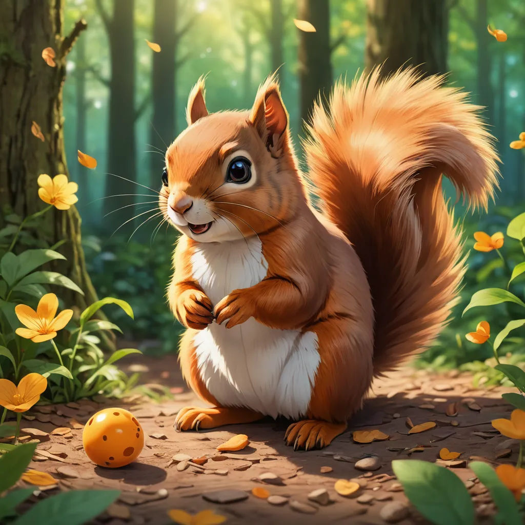 a squirrel is standing on its hind legs in the woods with leaves and flowers around it, and a ball is in the foreground, sots art, a detailed painting, Chris LaBrooy, trending on art station