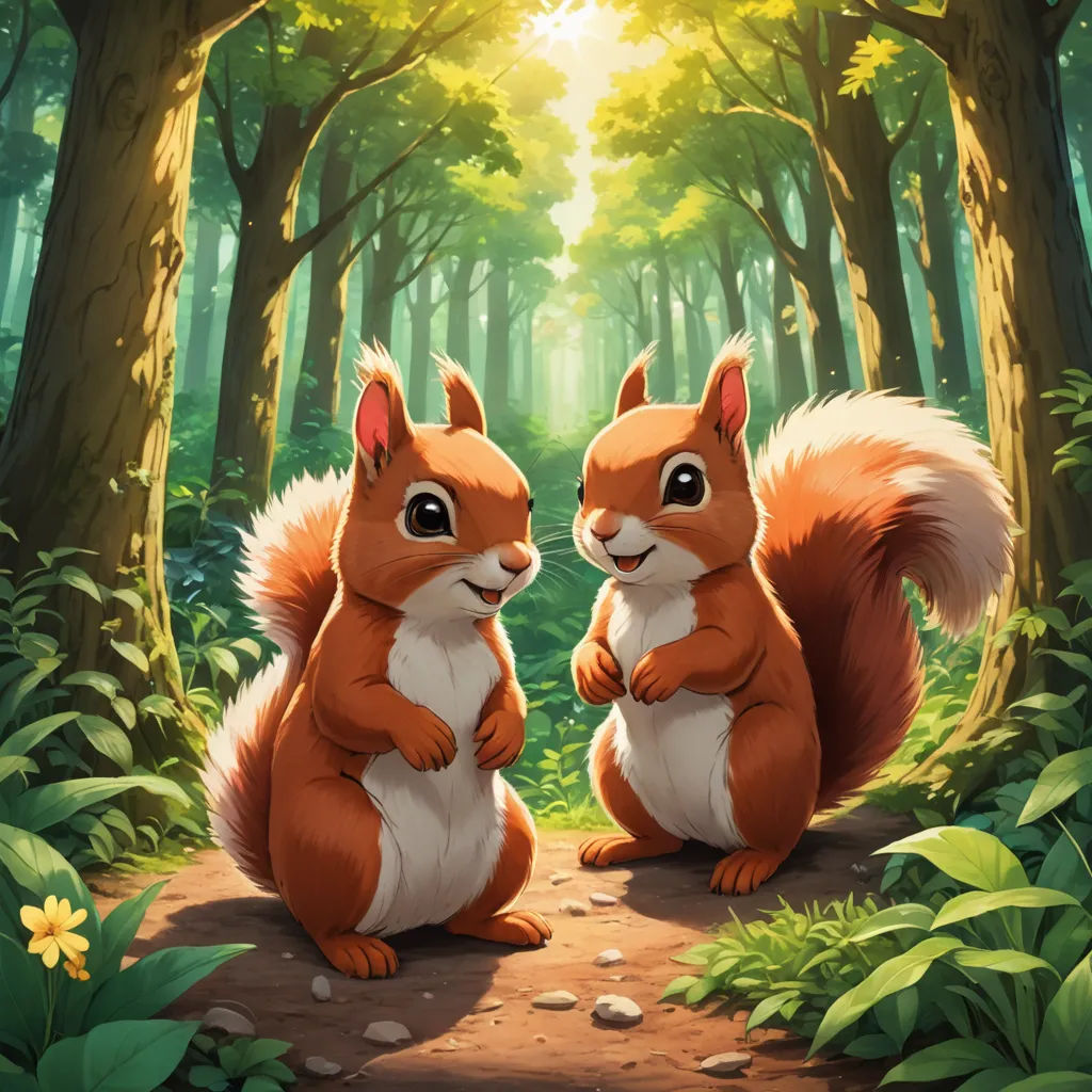 two squirrels sitting on a path in the forest looking at each other with a bright light shining through the trees, sots art, concept art, Chris LaBrooy, official art