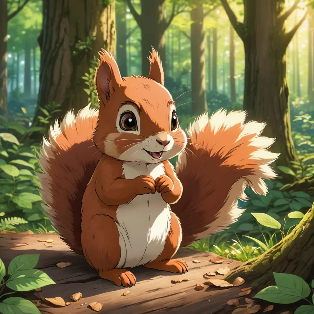 a squirrel sitting on a log in a forest with leaves around it and a forest background with trees and leaves, furry art, concept art, Chris LaBrooy, official art