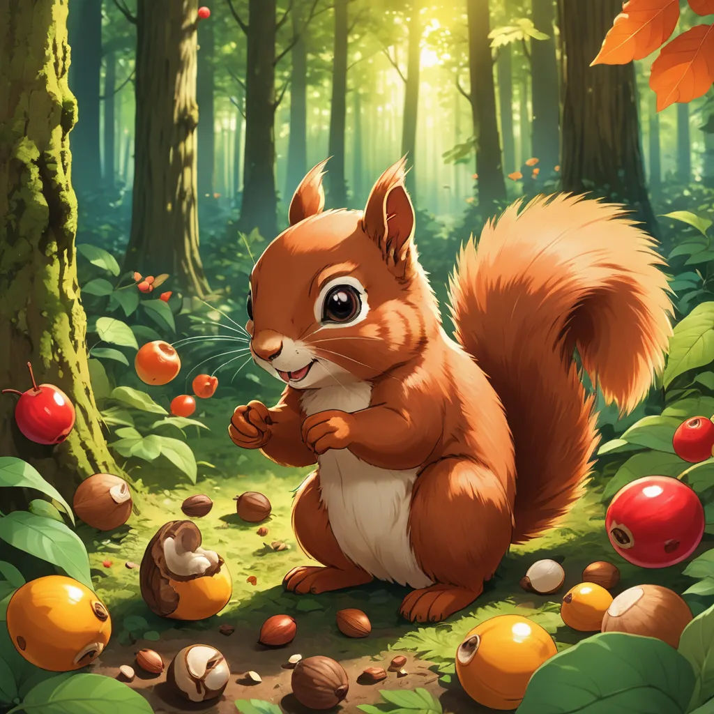 a squirrel in the forest surrounded by mushrooms and mushrooms, with a sunbeam in the background, and a forest full of mushrooms, altermodern, concept art, Chris LaBrooy, official art