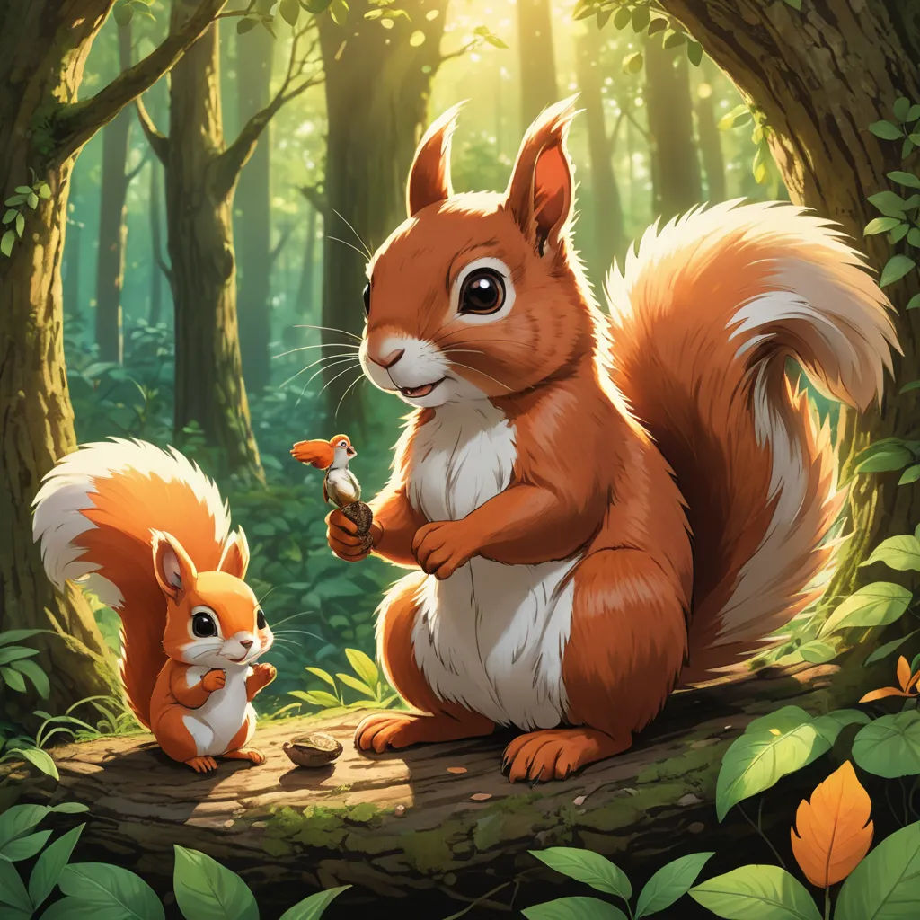 a squirrel and a squirrelling are sitting on a log in the forest, eating a nut from a tree, altermodern, a storybook illustration, Chris LaBrooy, official art