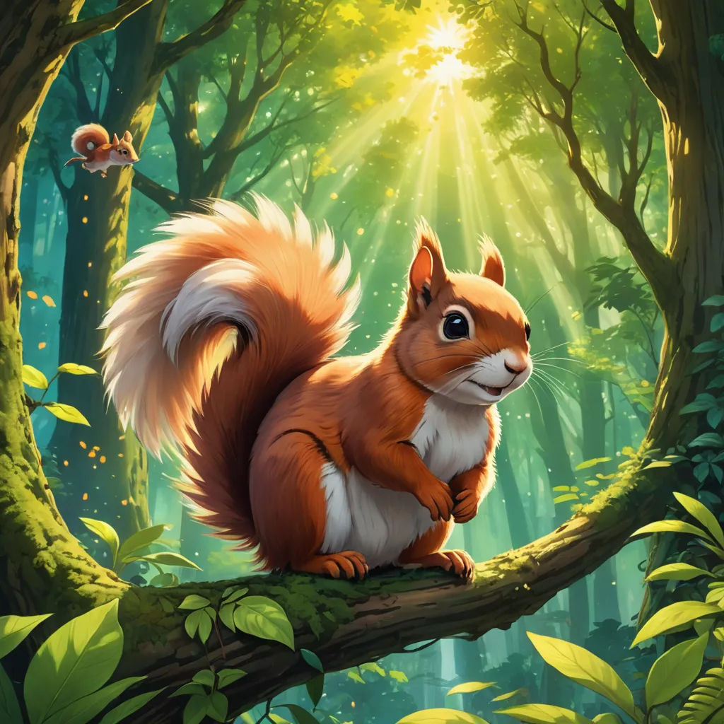 a squirrel sitting on a tree branch in a forest with a squirrel flying overhead in the background and a sunbeam, sots art, a digital painting, Chris LaBrooy, official art