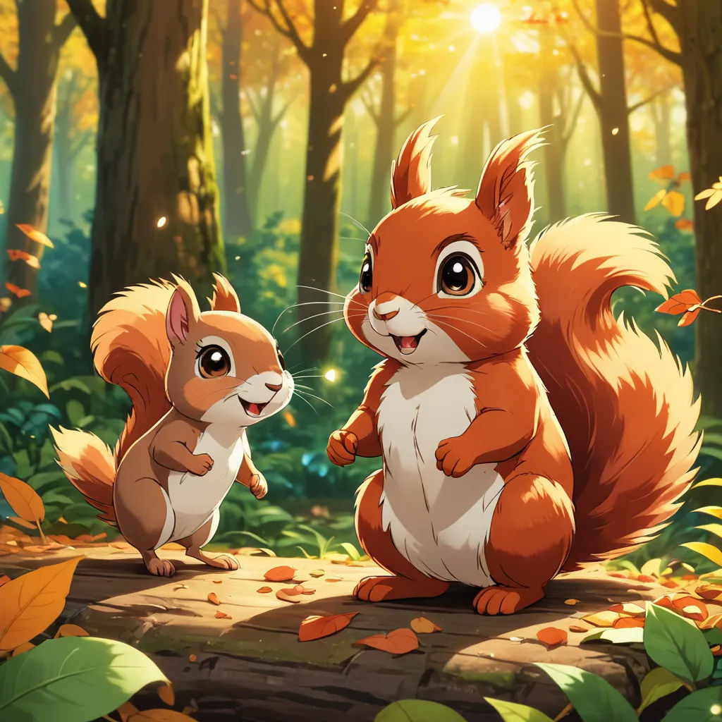 a squirrel and a squirrelling are sitting on a log in the woods with leaves on the ground and sunlight shining through the trees, sots art, concept art, Chippy, official art
