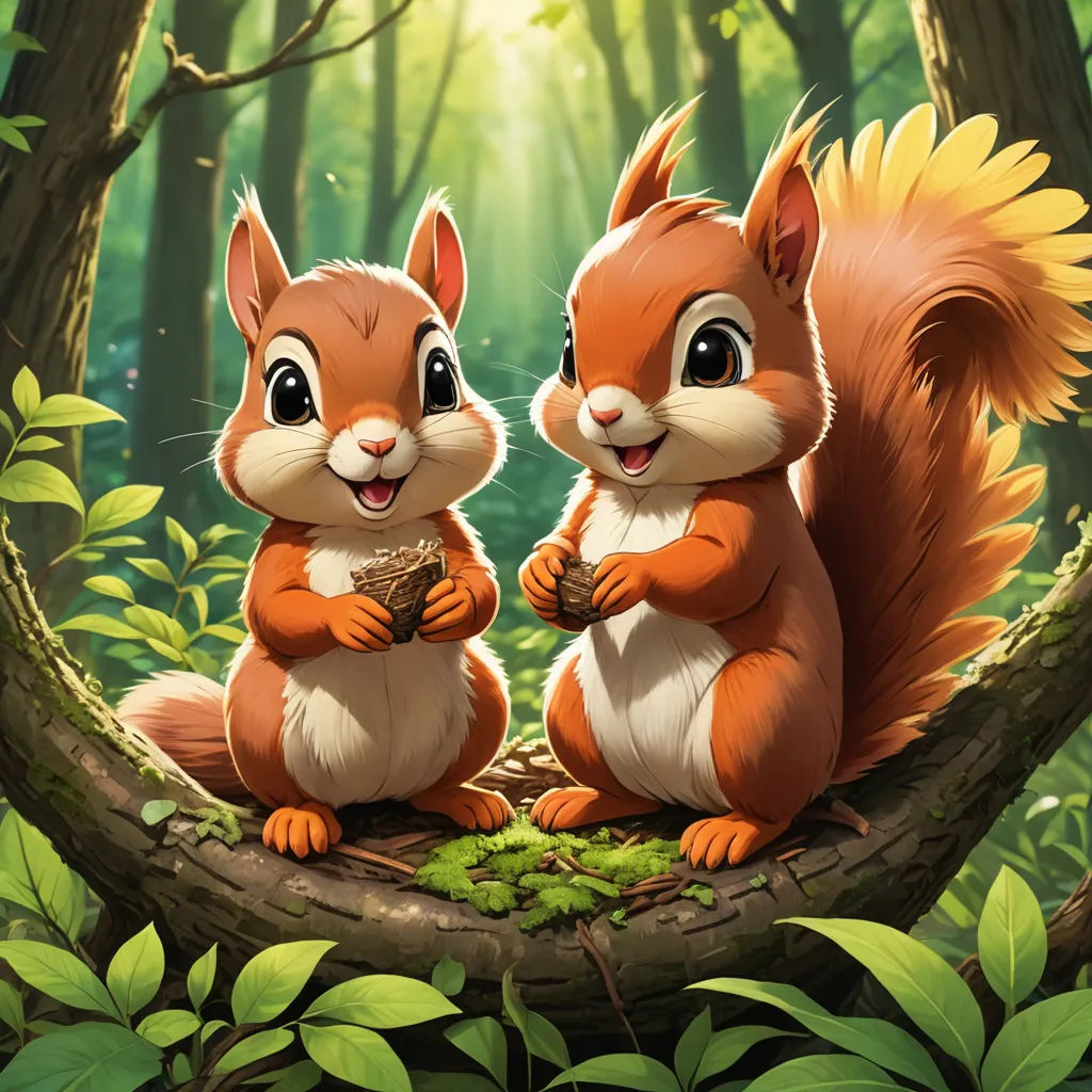 two squirrels sitting on a tree branch in a forest with leaves and a sunbeam in the background, with a green background, sots art, a digital painting, Chippy, official art
