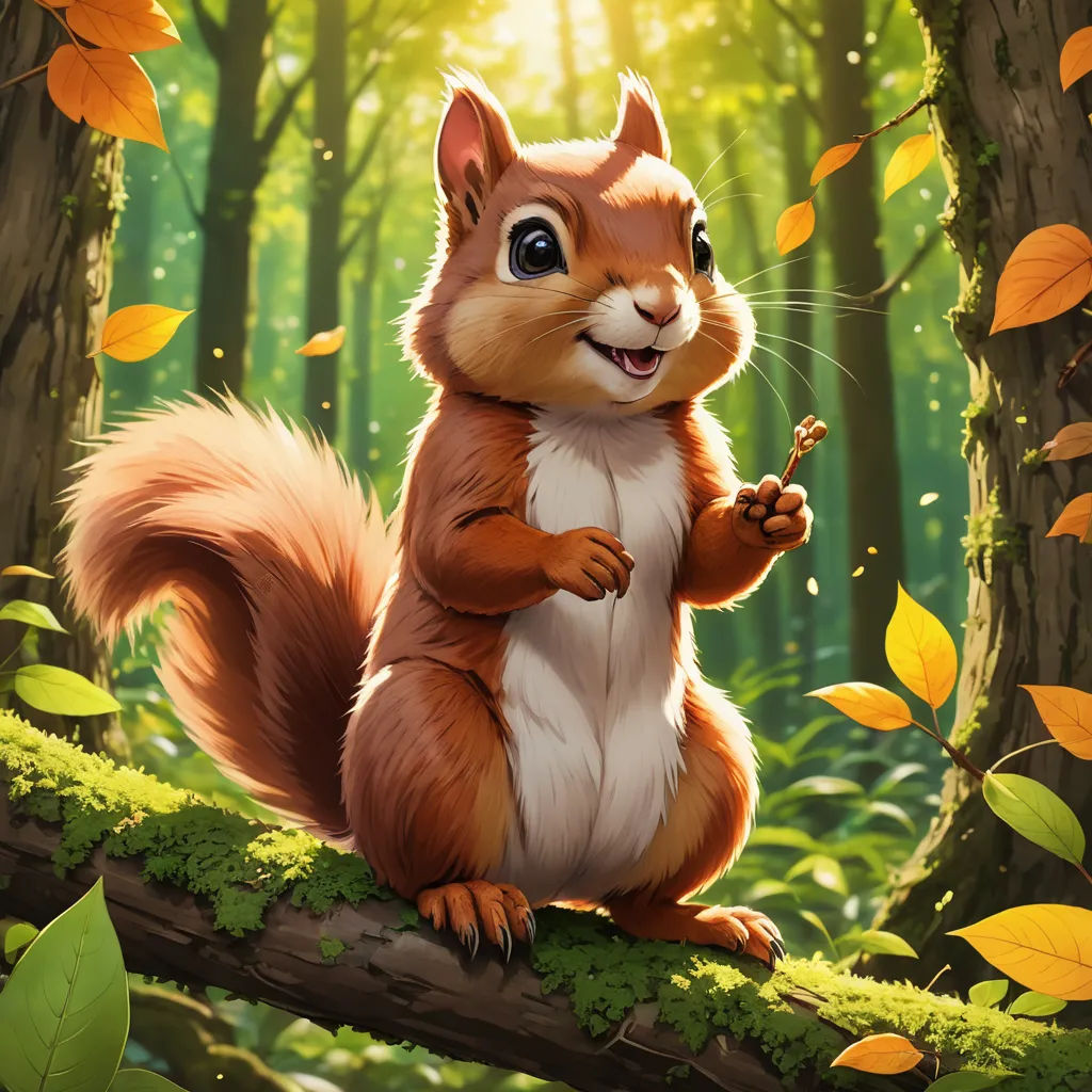 a squirrel is standing on a tree branch in the woods and holding a nut in its paws and smiling, altermodern, a character portrait, Chris LaBrooy, magic the gathering artwork