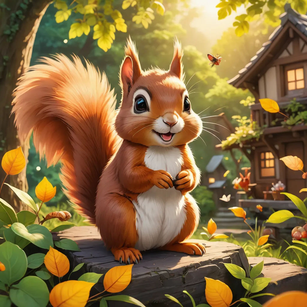 a squirrel is sitting on a log in a forest with flowers and a house in the background, with a bee flying overhead, american scene painting, a digital rendering, Chris LaBrooy, official art