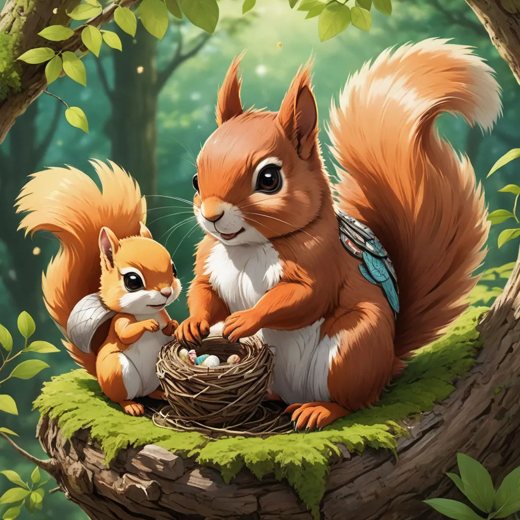 a squirrel and a squirrelling are sitting on a tree branch in the forest with a nest in its paws, fantasy art, a detailed painting, Chris LaBrooy, official art
