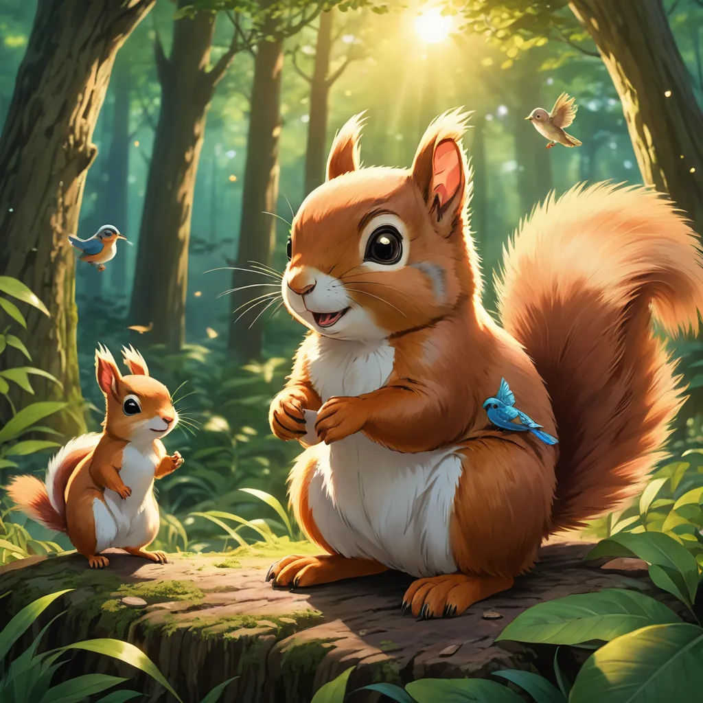 a squirrel and a squirrelling in a forest with a bird flying by them, and a bird on the ground, altermodern, concept art, Chippy, official art