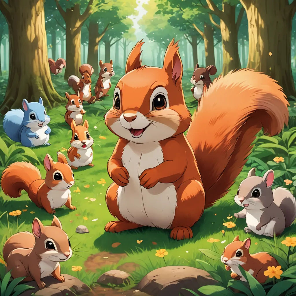 a group of squirrels in a forest with a sun shining through the trees behind them and a squirrel sitting on the ground, furry art, a character portrait, Chris LaBrooy, official art