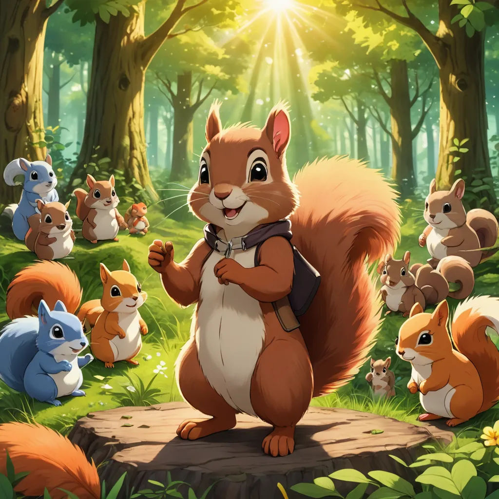 a squirrel standing on a log surrounded by other animals in a forest with sunlight shining through the trees and leaves, furry art, concept art, Chris LaBrooy, official art