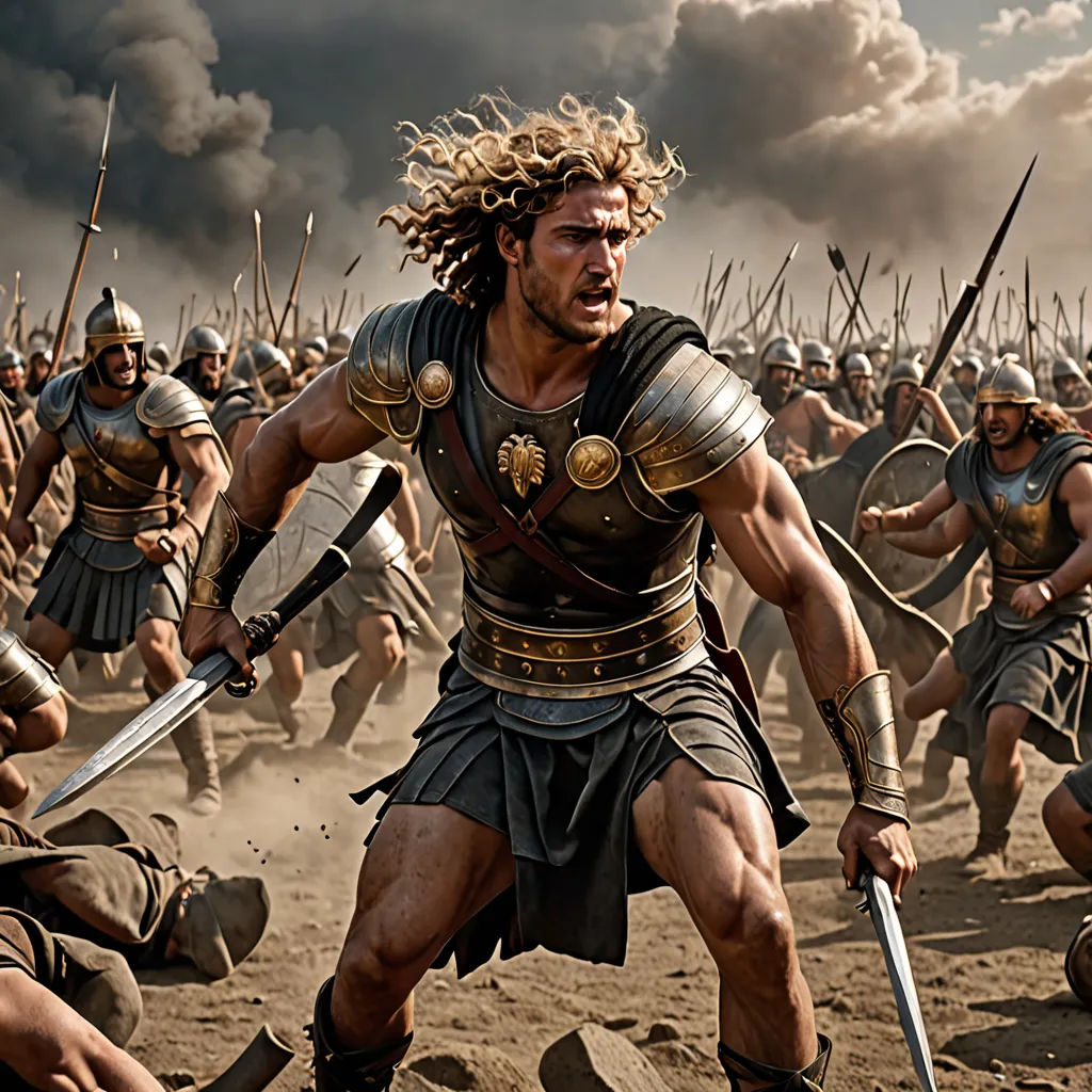 a group of men in roman armor and weapons in a battle with a sky background and clouds in the background, antipodeans, a detailed matte painting, Daryush Shokof, weta digital