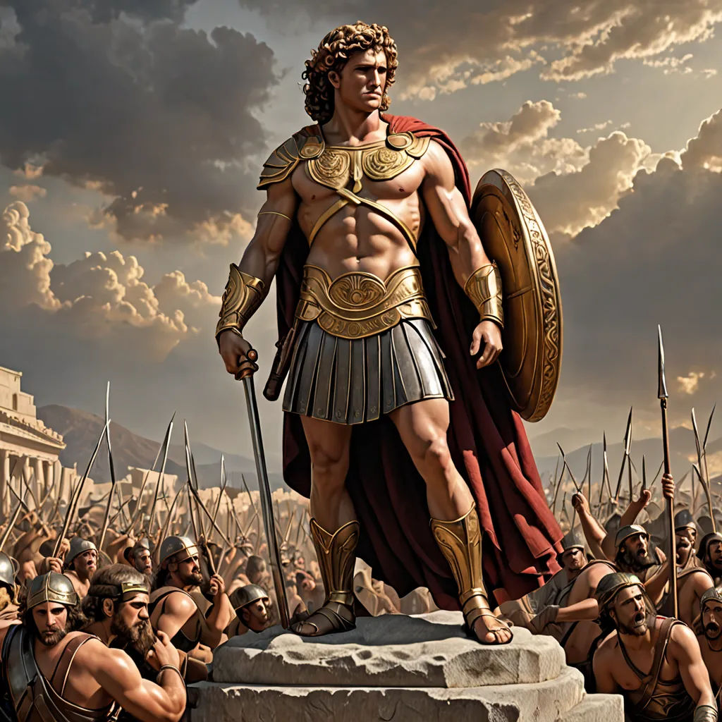 a painting of a man in a roman costume standing on a pedestal with a sword in his hand and a crowd of men behind him, neoclassicism, an ultrafine detailed painting, Alex Horley, highly detailed digital painting