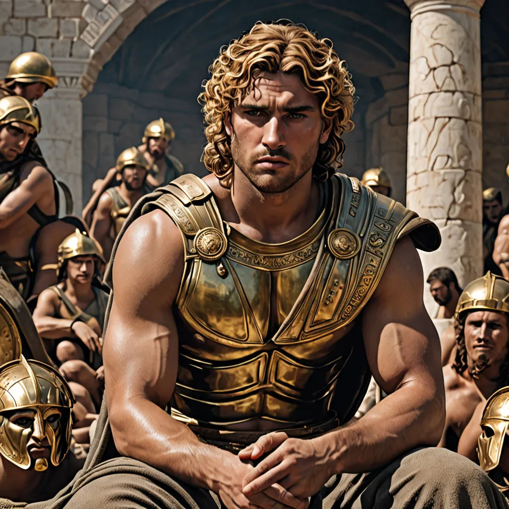 a man in a golden costume sitting on a stone floor with other men in gold costumes behind him and a stone archway, antipodeans, a detailed matte painting, Carl Gustaf Pilo, promotional image