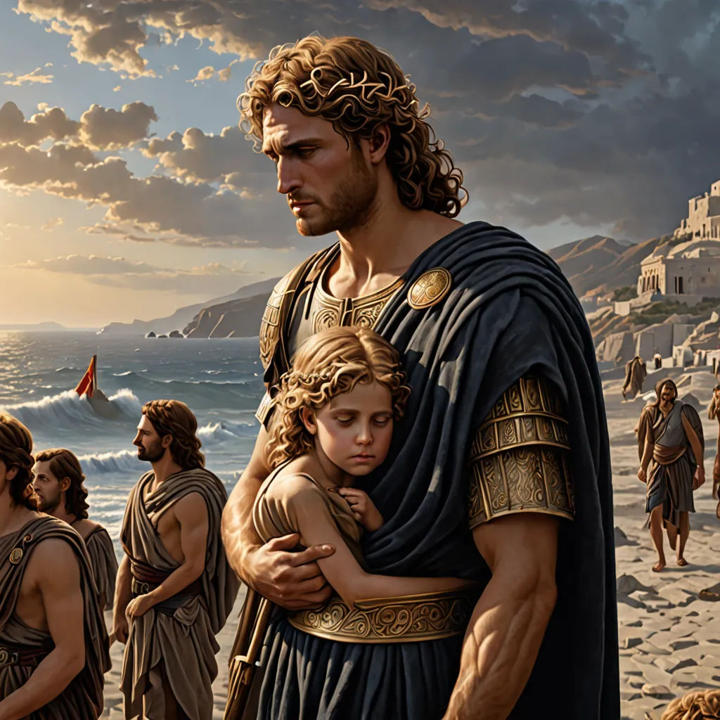 a painting of a man holding a child in his arms while others stand on the beach near the water, classical realism, an ultrafine detailed painting, Christophe Vacher, classical painting
