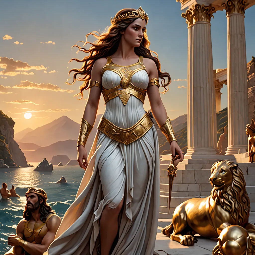 a woman in a white dress standing next to a lion statue and a statue of a woman in a white dress, fantasy art, a detailed painting, Christophe Vacher, magic the gathering artwork
