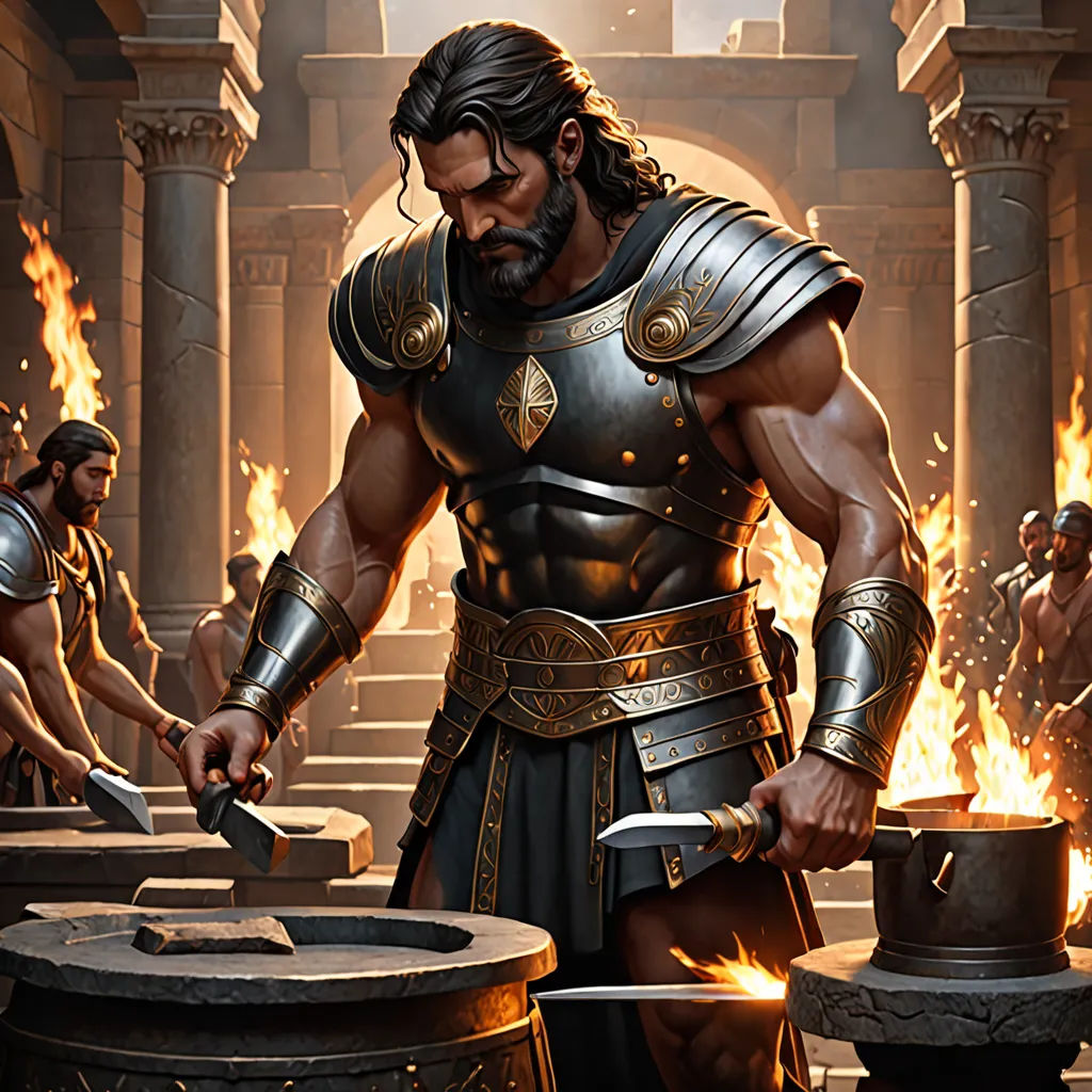 a man in armor holding a sword and a bowl of fire in front of him and other men around him, altermodern, computer graphics, Clint Cearley, magic the gathering artwork