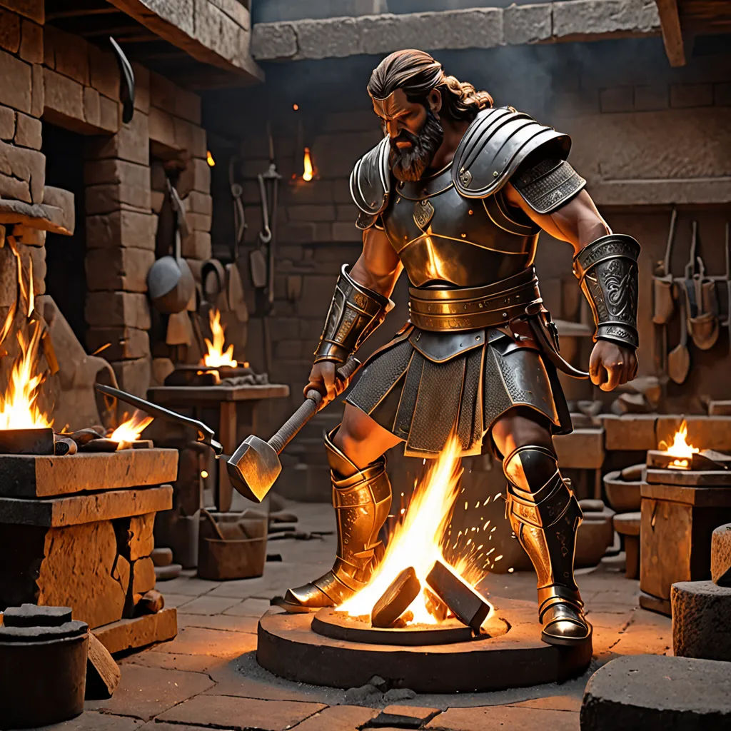 a statue of a man holding a fire in a room with fire pit and fire burning around him and a fire pit in the background, fantasy art, computer graphics, Cedric Seaut (Keos Masons), unreal engine 5
