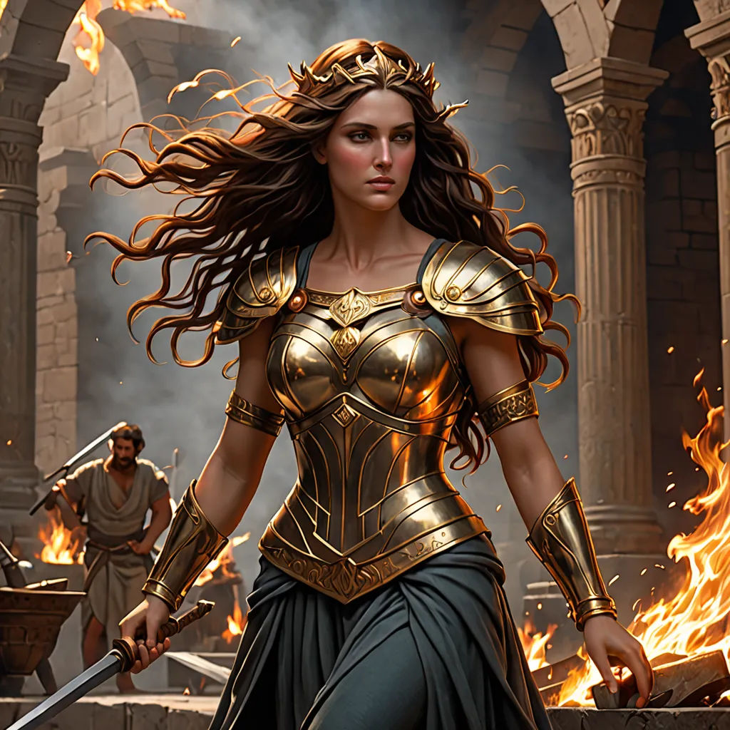 a woman in a gold and black outfit holding a sword and a sword in her hand and a fire behind her, fantasy art, concept art, Clint Cearley, magic the gathering artwork