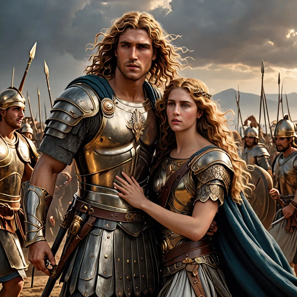a man and woman standing next to each other in front of a crowd of men and women in armor, antipodeans, a painting, Donato Giancola, promotional image